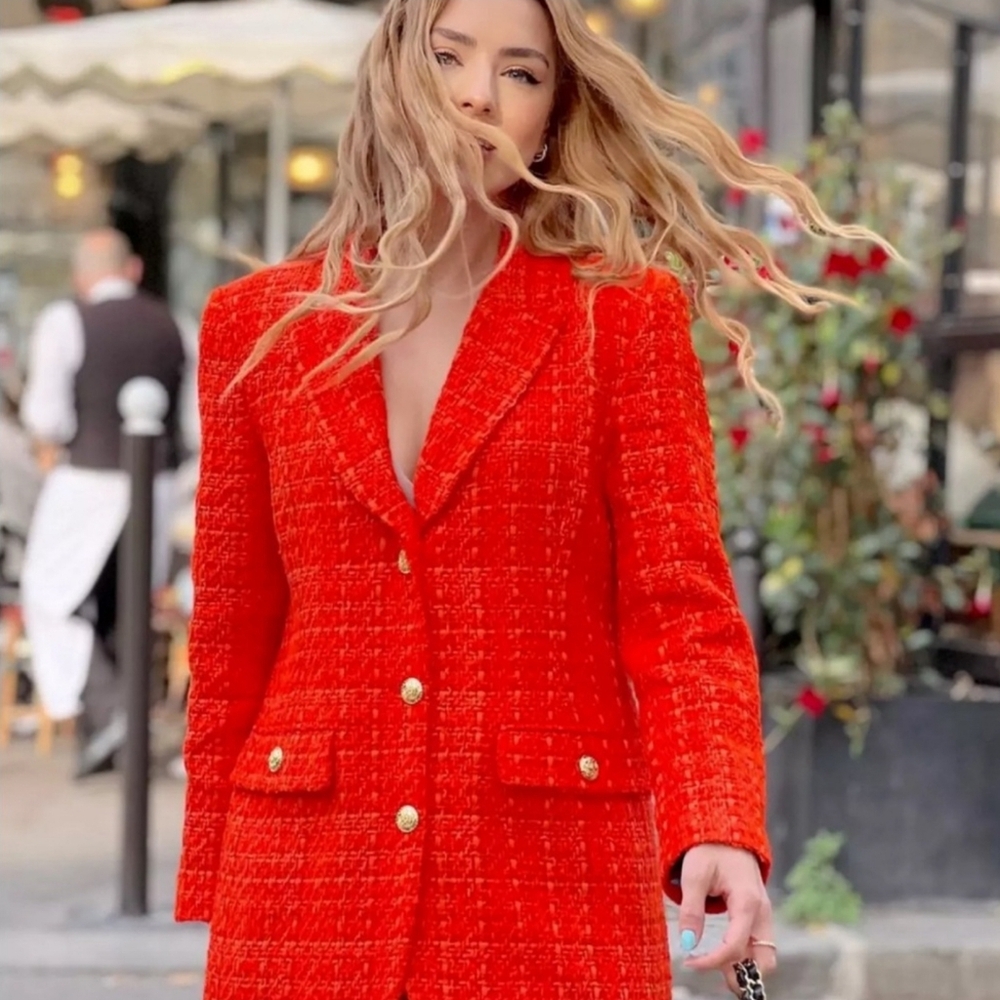 Zara Tweed Blazer Vibrant Red/Orange, Gold Buttons, Size Medium - Picture 15 of 15